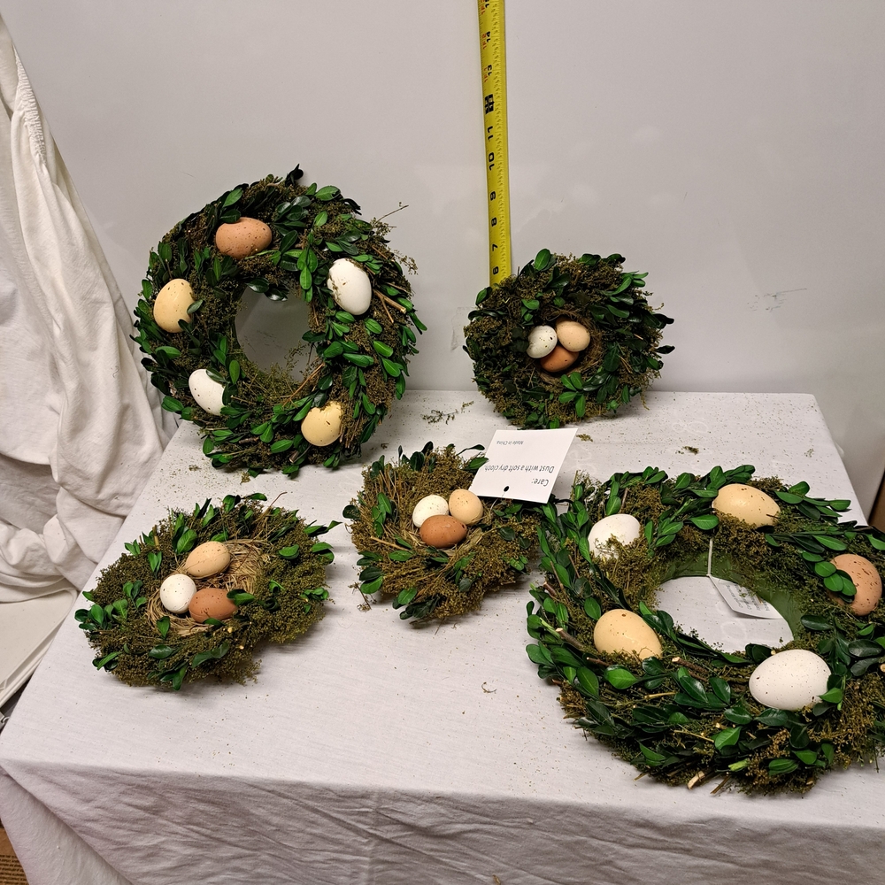 Green Boxwood Easter Wreath with Decorative Eggs